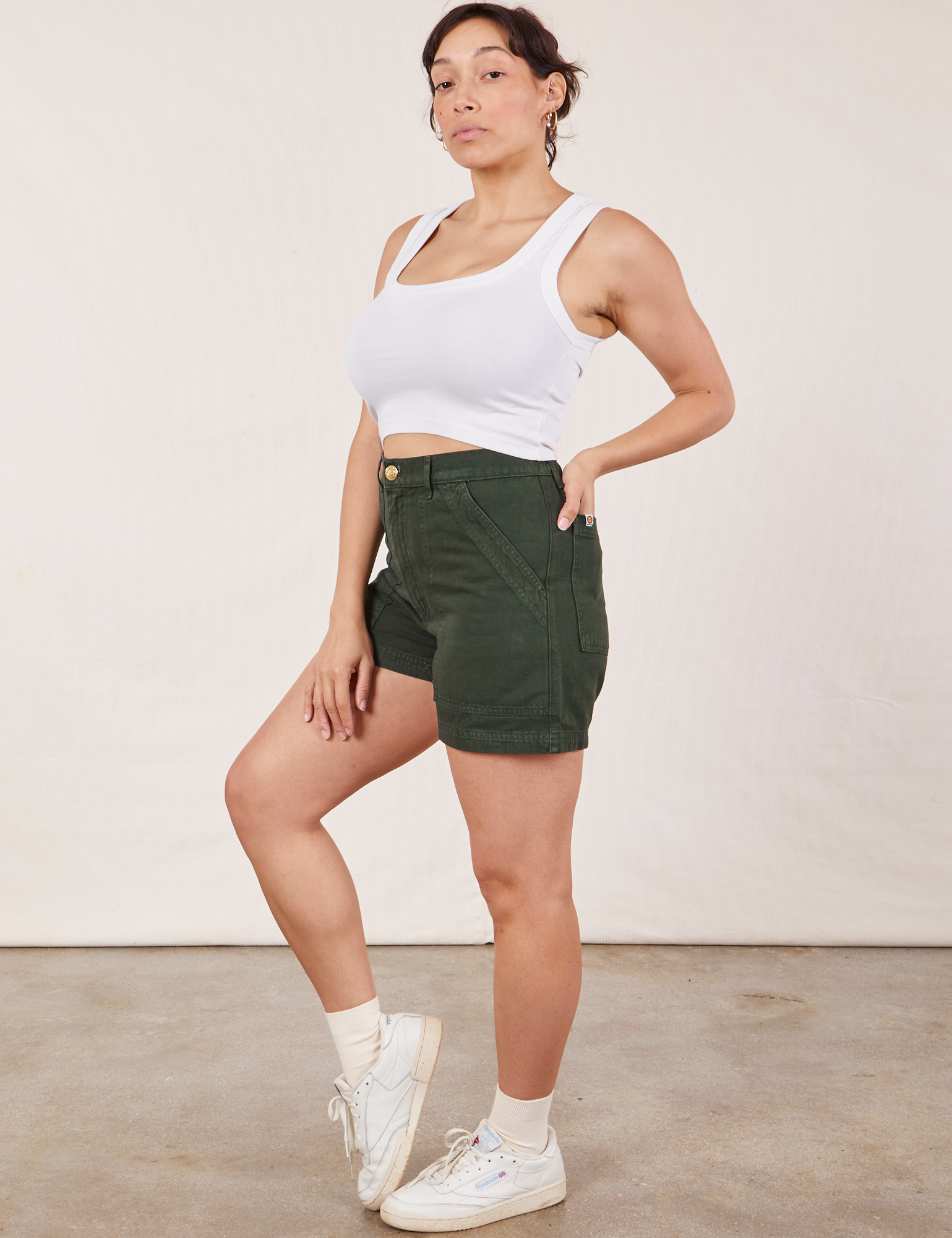Side view of Classic Work Shorts in Swamp Green and Cropped Tank Top in vintage tee off-white on Tiara