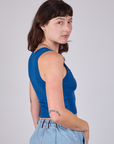 Cropped Tank Top in Royal Blue side view on Alex