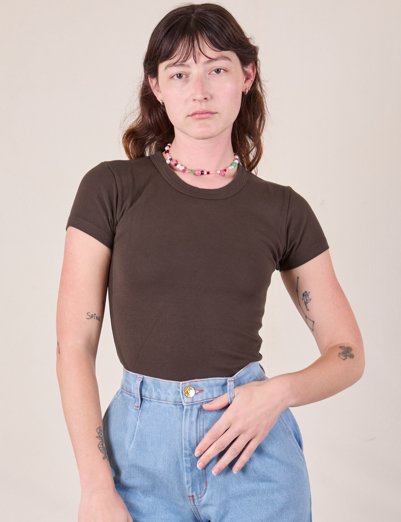 Alex is 5'8 and wearing P Baby Tee in Espresso Brown