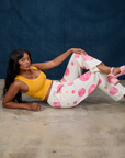 Paintstamped Work Pants in Bubblegum and Cropped Tank in Mustard Yellow on Kandia