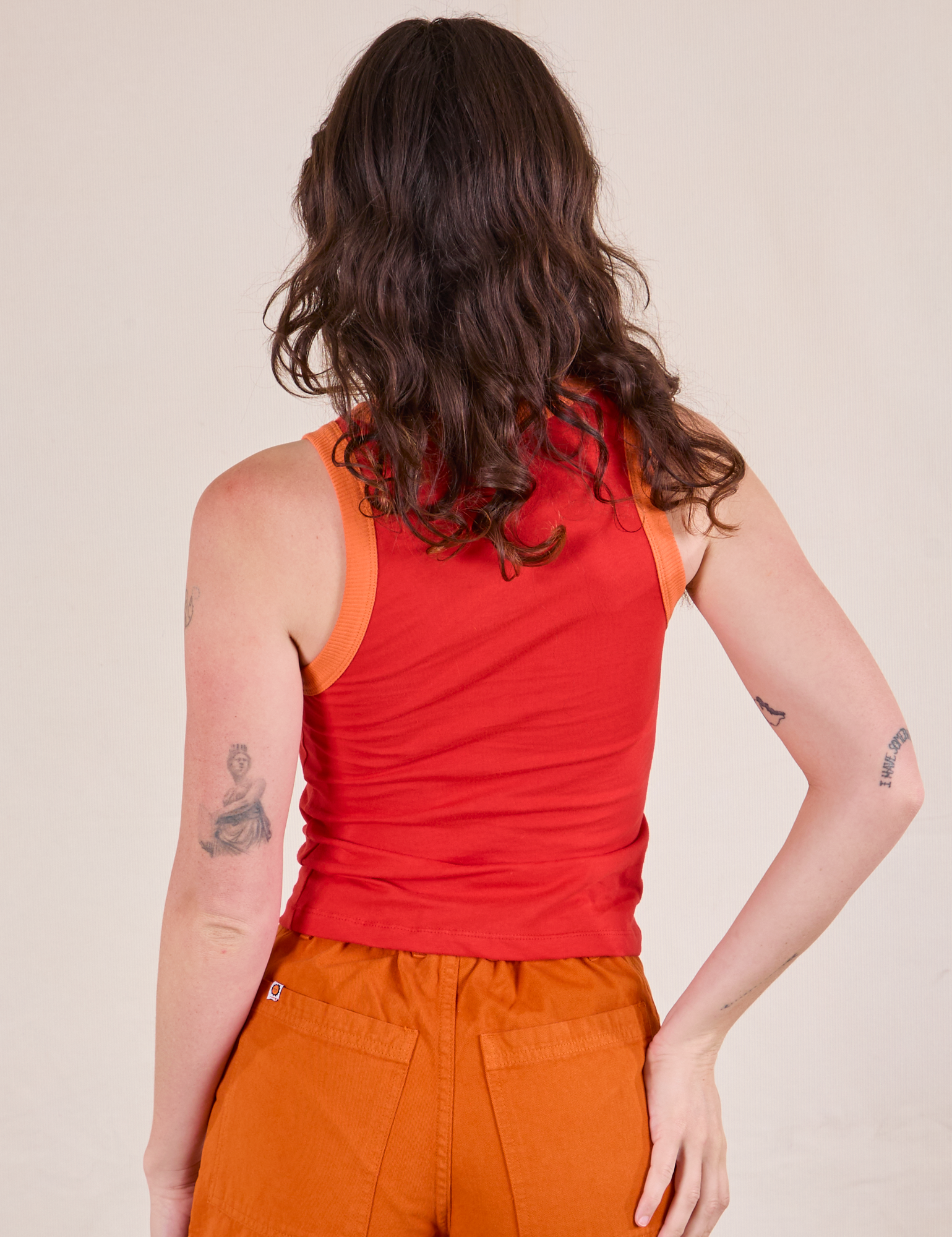 Colorblock Cropped Tank in Mustang Red back view on Alex