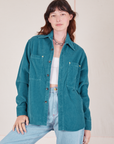 Alex is wearing Corduroy Overshirt in Marine Blue