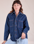 Alex is wearing Denim Overshirt in Dark Wash