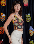 Cropped Tank Top in Halloween Masks side view on Alex