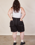 Back view of Carpenter Shorts in Basic Black and Cropped Tank in vintage tee off-white on Ashley