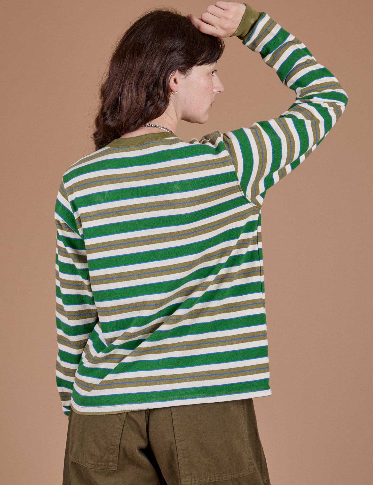 Long Sleeve Striped Burly Tee in Green back view on Alex