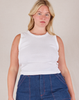 Lish is 5’8” and wearing L Muscle Tee in Vintage Tee Off-White