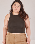 Ashley is 5’7” and wearing XL Racerback Tank in Espresso Brown