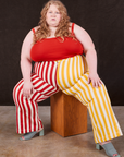 Catie is wearing Western Pants in Ketchup/Mustard Stripes and mustang red Cami