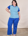 Ashley is wearing Mismatched Tee in Baby & Royal Blue and royal blue Western Pants