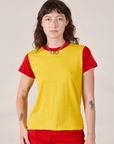 Alex is wearing Mismatched Tee in Yellow & Red