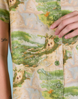 Pantry Button-Up in Ocean and Sky close up. Green buttons.