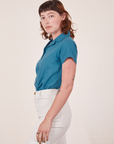 Side view of Pantry Button-Up in Marine Blue worn by Alex