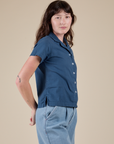 Side view of Pantry Button-Up in French Blue on Alex