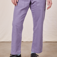 Pant leg close up of Petite Short Sleeve Jumpsuit in Faded Grape worn by Hana