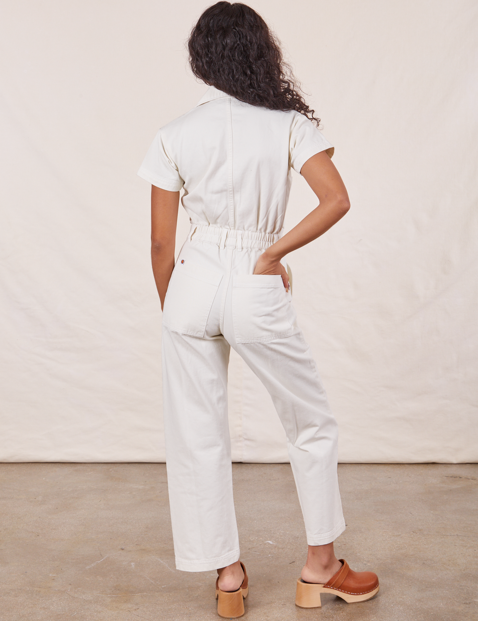 Back view of Petite Short Sleeve Jumpsuit in Vintage Tee Off-White on Blair