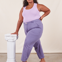 Work Pants in Faded Grape on Morgan wearing lilac purple Tank Top