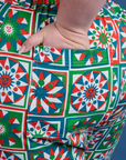 Close up of Ashley's hand in the pocket of Quilt Print Jumpsuit