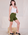 Railroad Carpenter Shorts in Summer Olive and Cropped Tank in Vintage Tee Off-White side view on Alex