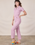 Short Sleeve Jumpsuit in Lilac side view on Alex