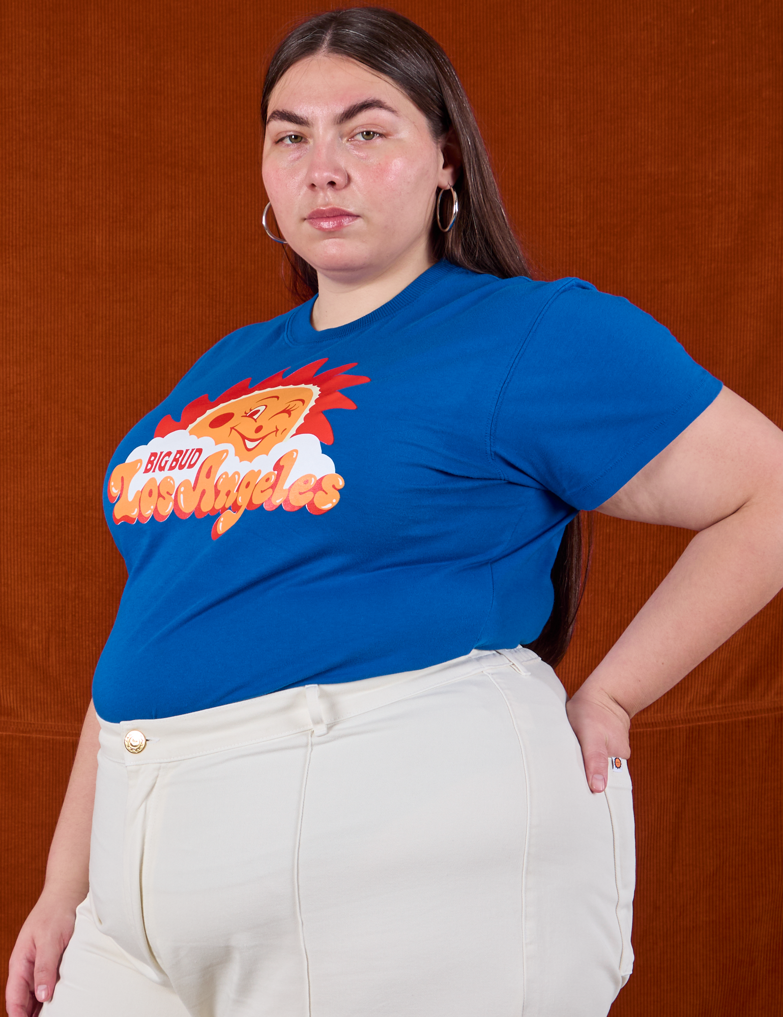 Sunny Los Angeles Tourist Tee angled front view on Marielena