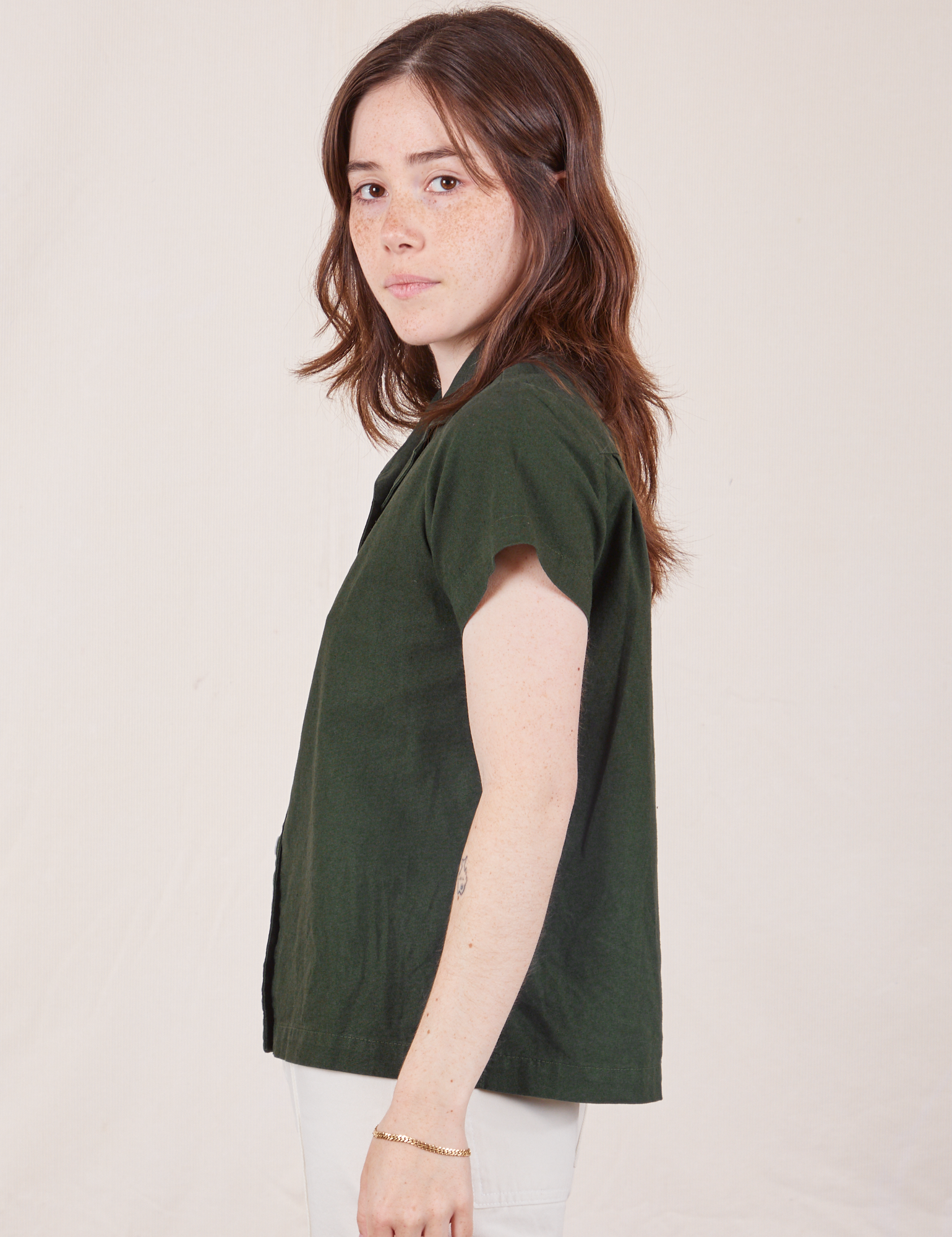 Pantry Button-Up in Swamp Green side view on Hana
