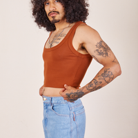 Side view of Cropped Tank Top in Burnt Terracotta worn by Jesse