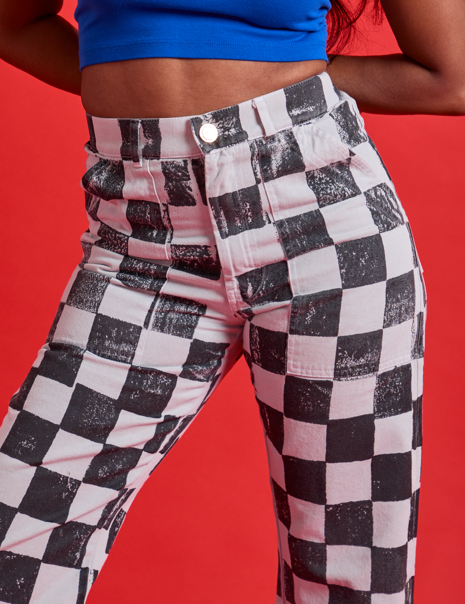 Checkerboard Work Pants in Black/White front close up on Kandia