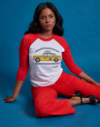 Taxi Raglan Tee in NYC and mustang red Work Pants on Kandia
