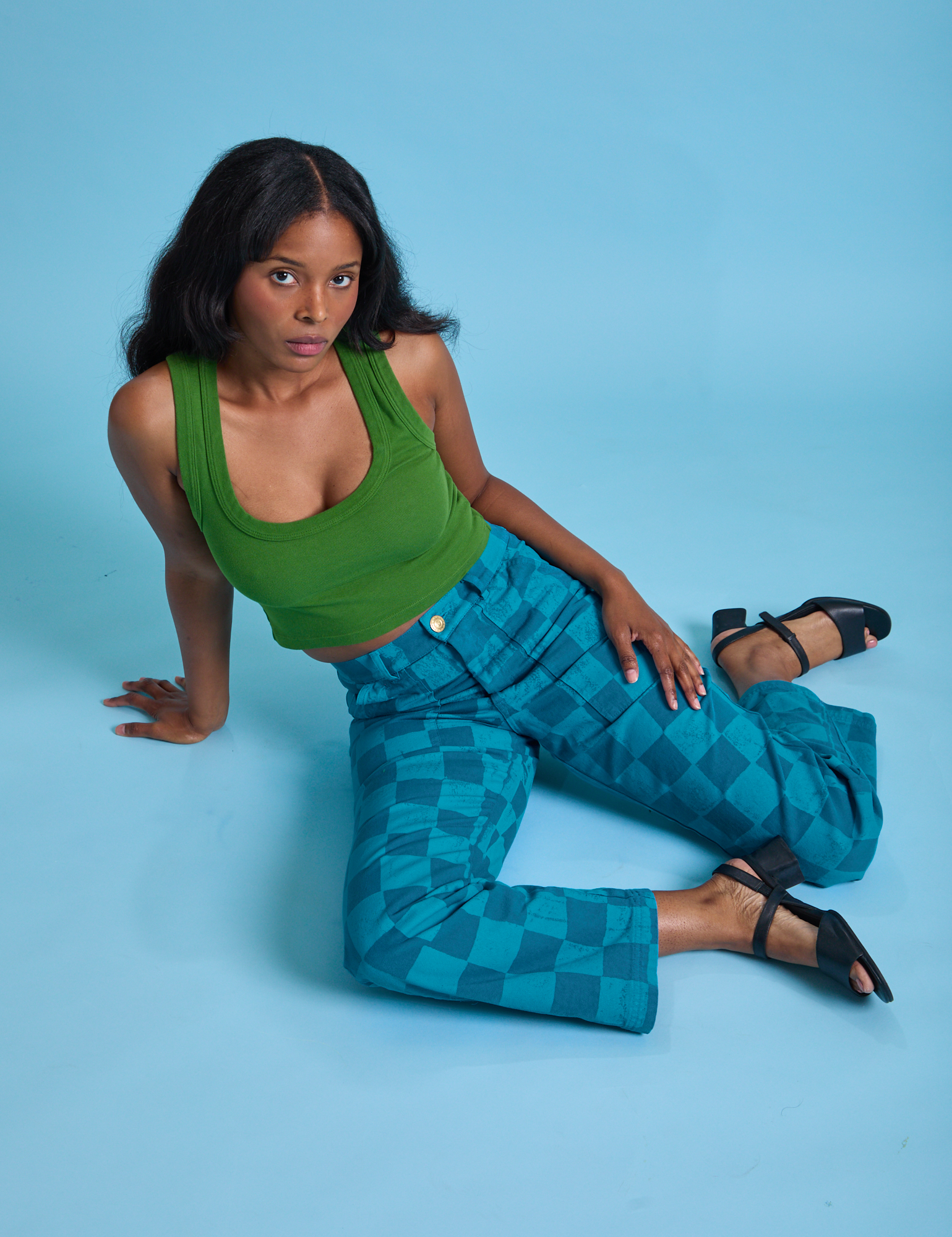 Checkerboard Work Pants in Blues and lawn green Cropped Tank on Kandia