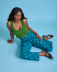 Checkerboard Work Pants in Blues and lawn green Cropped Tank on Kandia