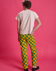 Back view of Checkerboard Work Pants in Green/Yellow and Organic Vintage Tee in vintage off-white
