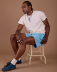 Classic Work Shorts in Baby Blue and vintage off white Organic Vintage Tee on Jerrod