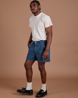 Angled front view of Classic Work Shorts in French Blue and Organic Vintage Tee in Vintage Off White