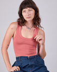 Alex is 5'8" and wearing P Cropped Tank Top in Raspberry Sorbet
