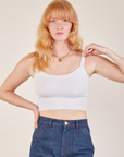 Margaret is 5’11” and wearing P Cropped Cami in Vintage Tee Off-White