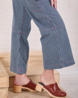 Carpenter Overalls in Railroad pant leg close up on Alex