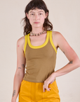 Alex is 5'8" and wearing P Colorblock Cropped Tank in Desert Brown