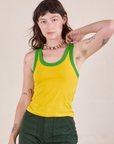 Alex is 5'8" and wearing P Colorblock Cropped Tank in Golden Yellow