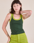 Alex is 5'8" and wearing P Colorblock Cropped Tank in Swamp Green