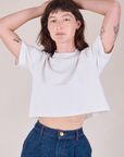 Alex is 5'8" and wearing P Cropped Burly Tee in Vintage Tee White
