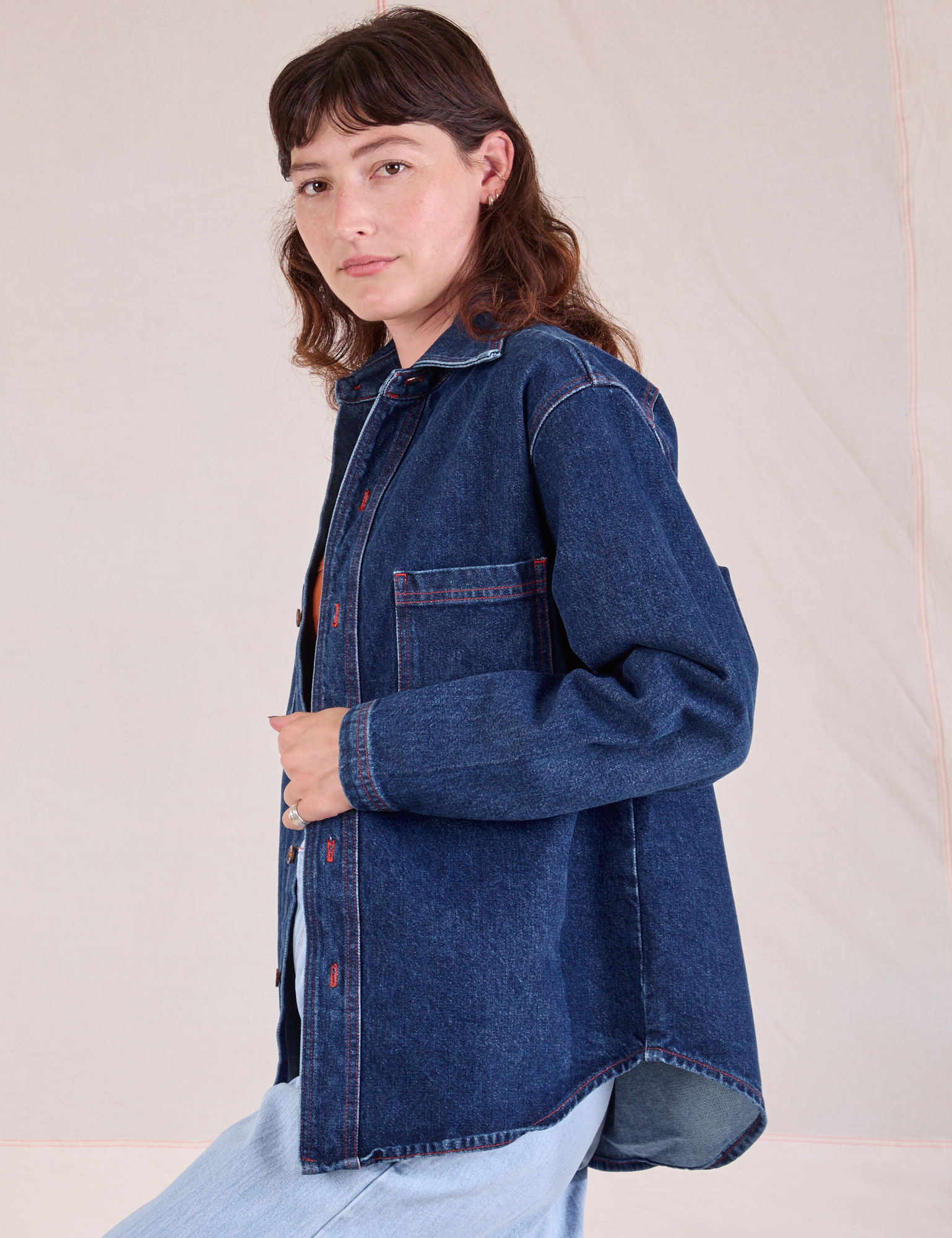 Denim Overshirt in Dark Wash side view on Alex