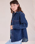 Denim Overshirt in Dark Wash side view on Alex