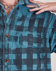 Plaid Flannel Overshirt in Marine Blue front close up on Alex