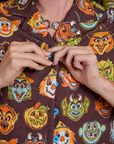 Front close up of Halloween Masks Pantry Button-Up on Alex