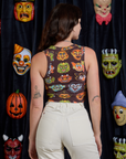 Cropped Tank Top in Halloween Masks back view on Alex