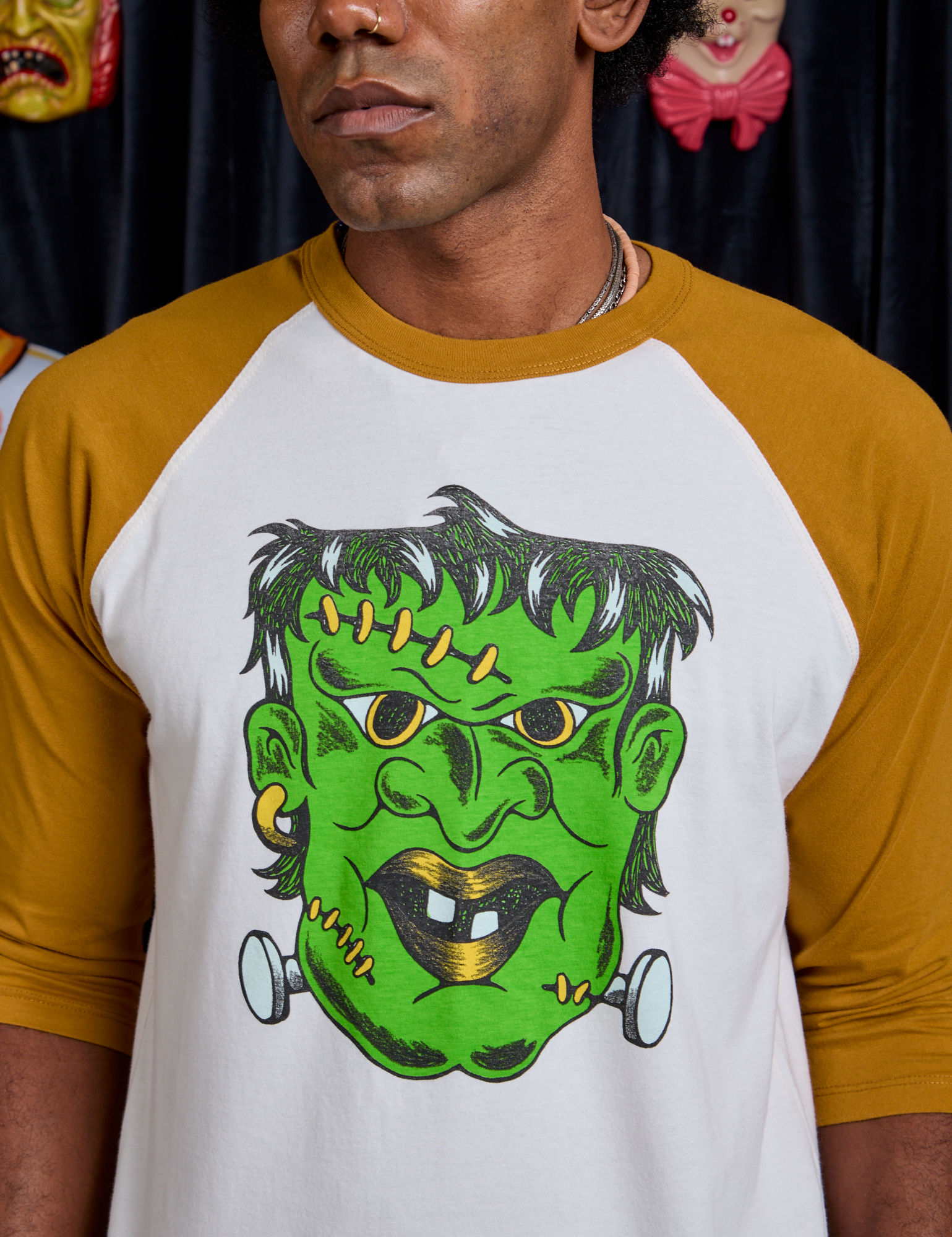 Raglan Tee in Frankenstein front close up on Jerrod