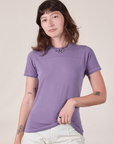Alex is 5'8" and wearing P Jr. Varsity Tee in Faded Grape