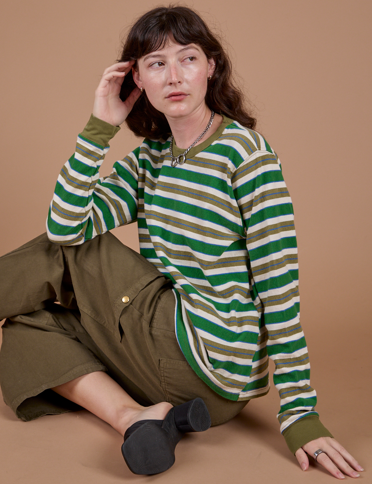 Long Sleeve Striped Burly Tee in Green worn by Alex