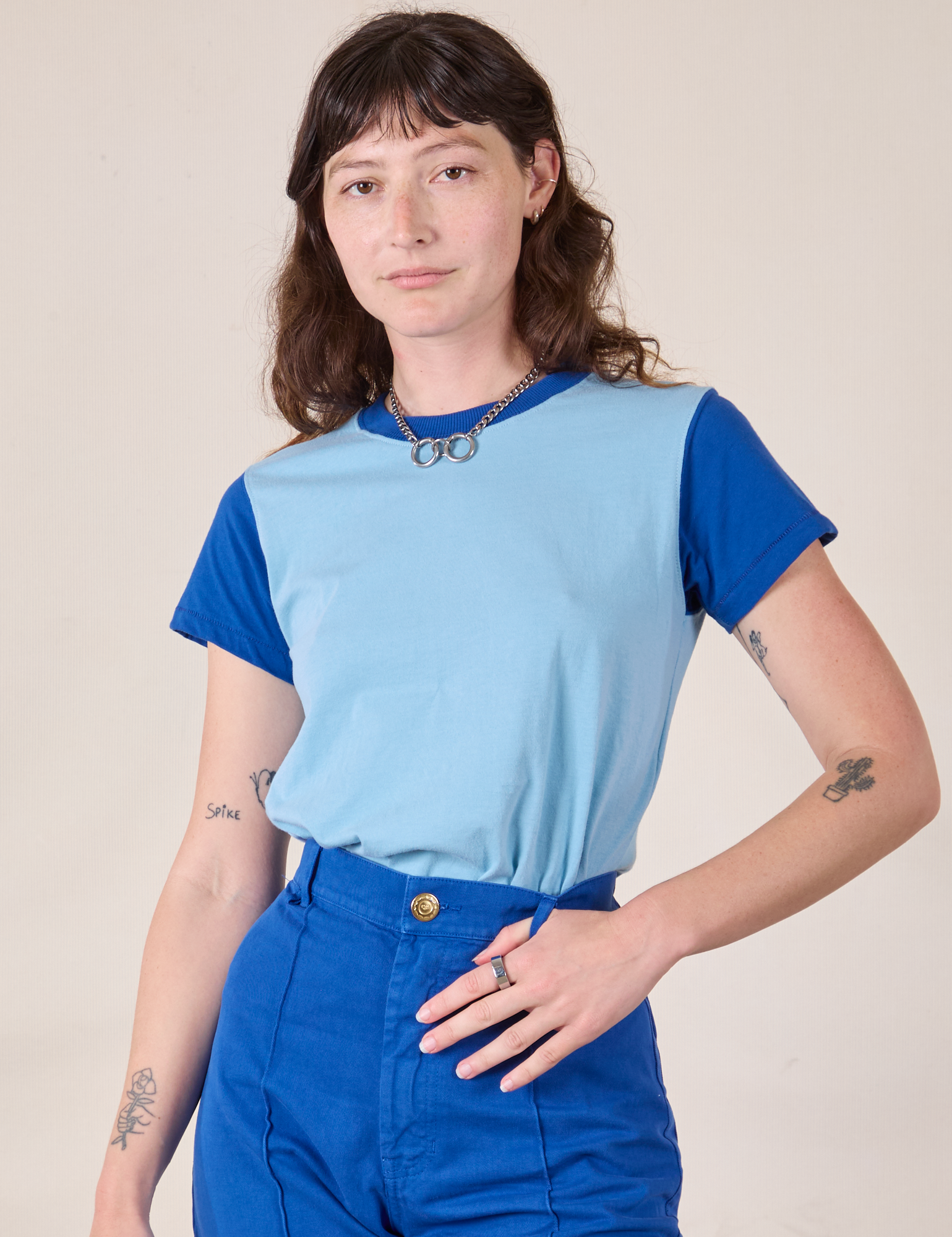 ex is 5’8” and wearing P Mismatched Tee in Baby & Royal Blue